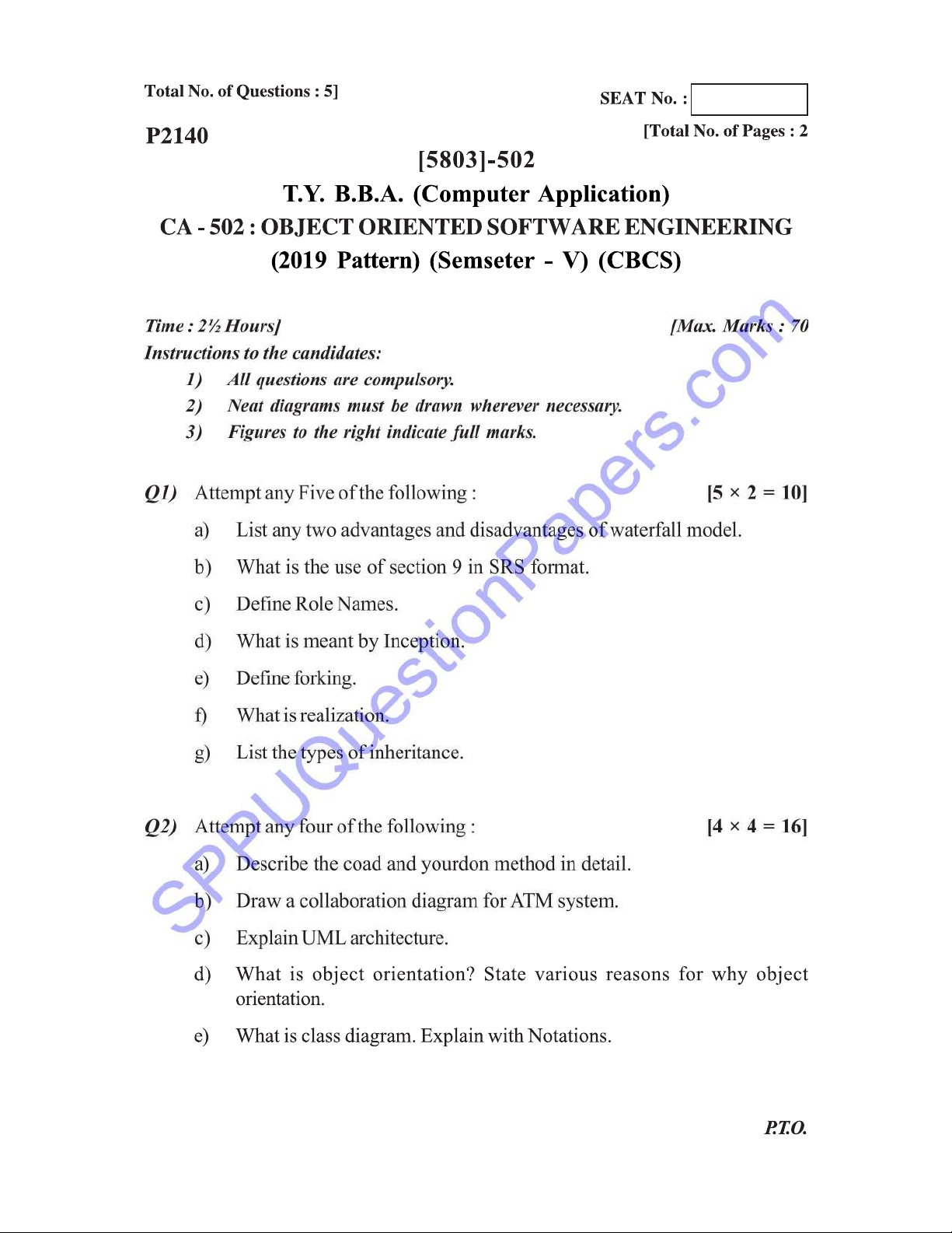 B.B.A. CA 502: Object Oriented Software Engineering Exam - April 2022 ...